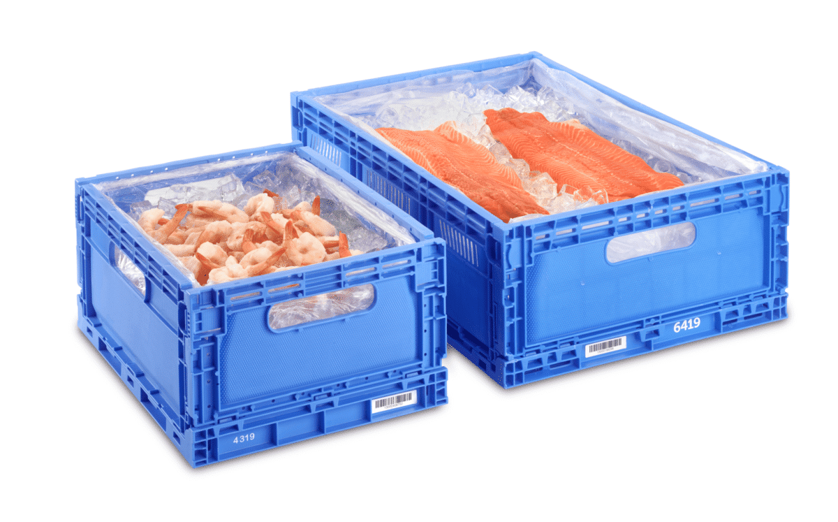 The Tosca Superior Hybrid bin is stacked in threes and unfolded. Ship more fresh seafood with these reusable bulk seafood shipping boxes.