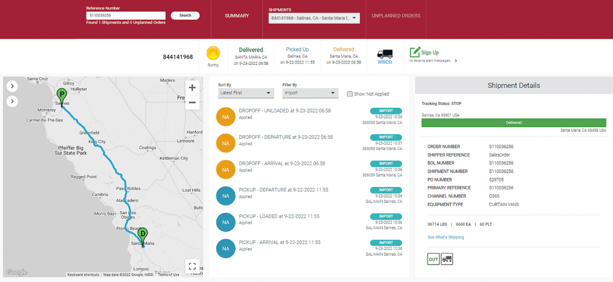 A screenshot of the Tosca Ordering Hub, an innovative shipment tracking and order management system, provides customers with order information, including shipment details, a transport map, and tracking updates.